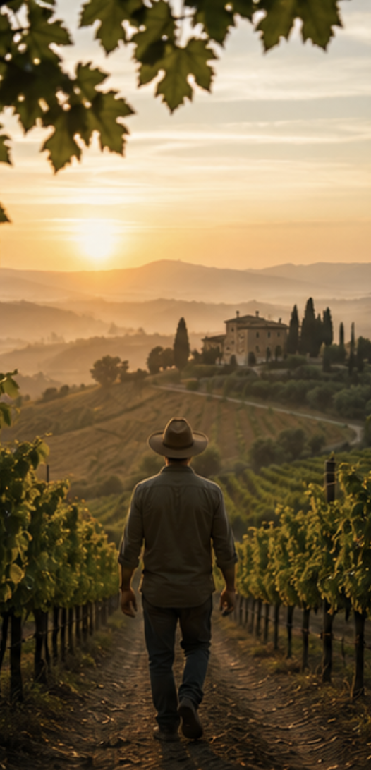 Vineyard rows under leafy foreground frame a Tuscan villa on a misty hill